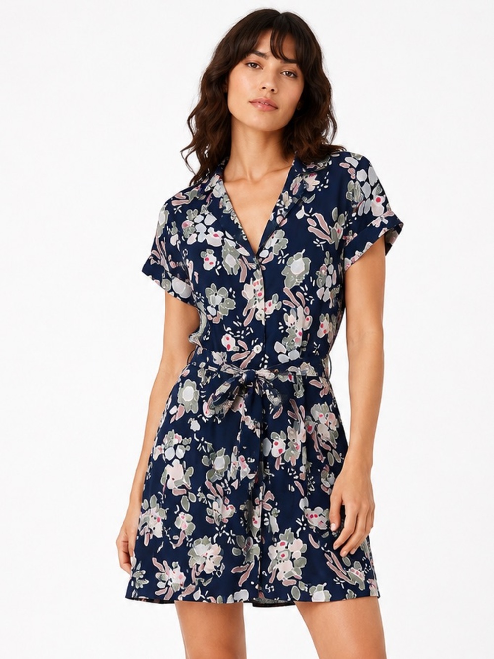 Wilfred Navy Floral Short-Sleeve Tie-Waist Mini Dress size XS